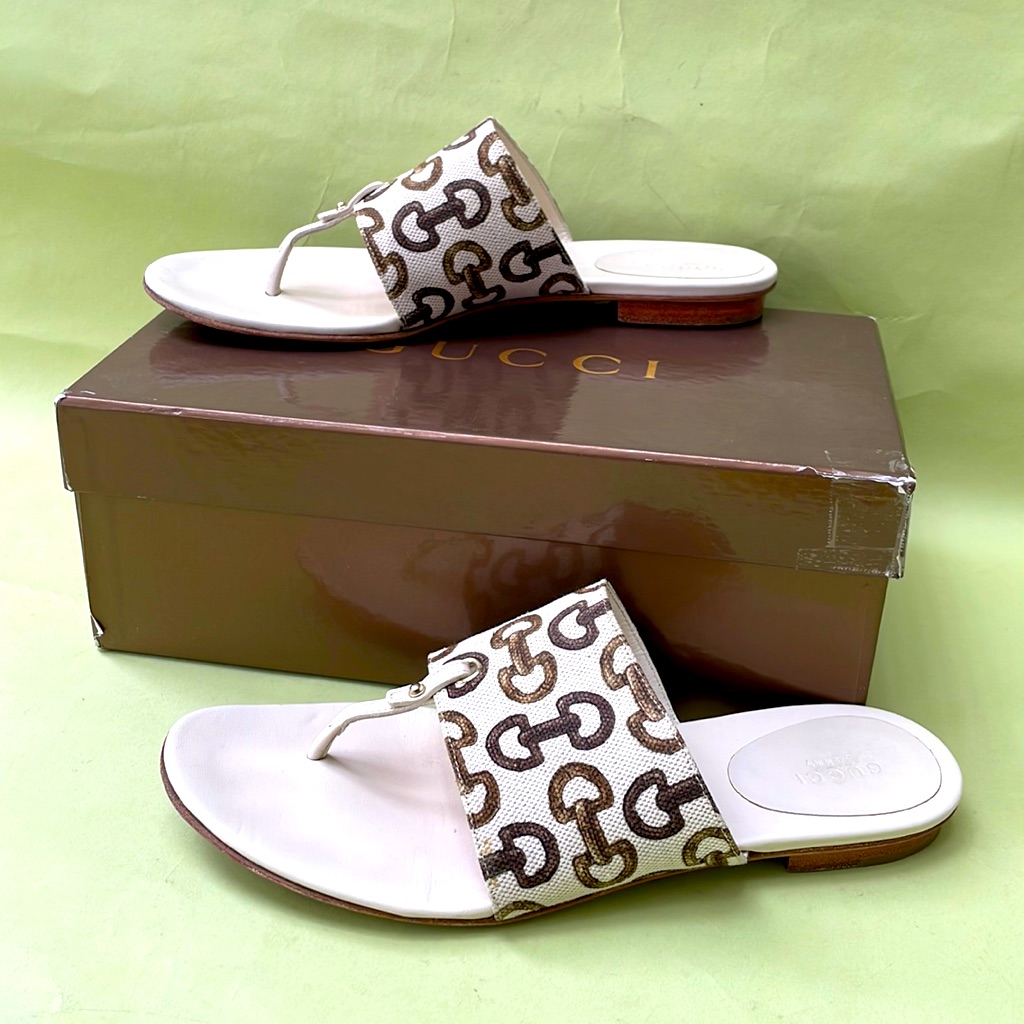 Cream/Brown Gucci Canvas/Leather Sandals With Box